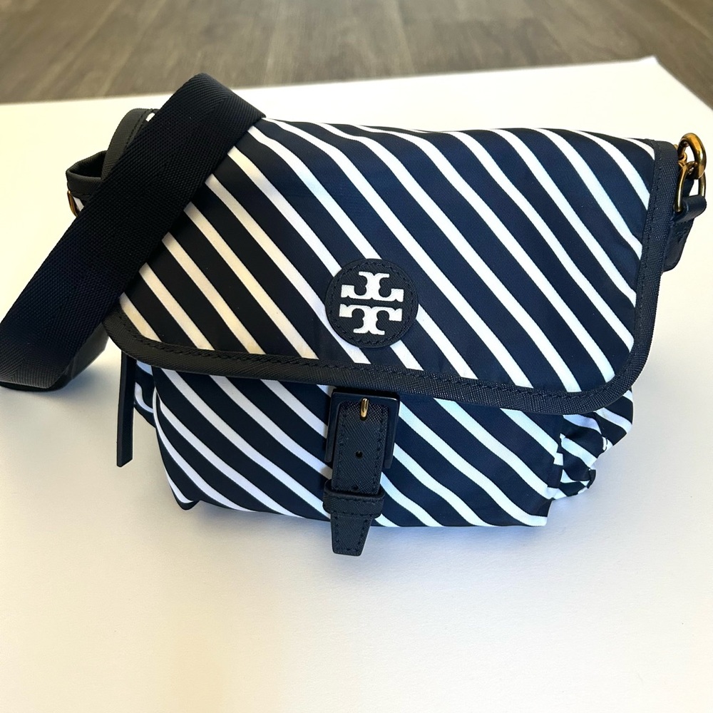 Tory Burch Navy and White Striped crossbody bag